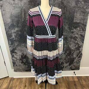Girl Meets Glam Dakota Mixed Print Long Sleeve Pleated Dress Lined Shift Women 8